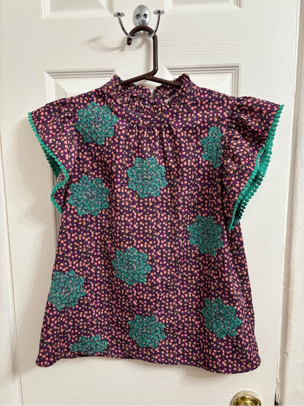 THML Purple Floral Blouse with Teal Embroidered Medallions